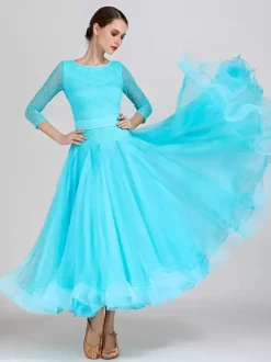 Costumes de danse de salon bleu ciel clair robe en Polyester à col bijou pour femmes robe de danse superposée en dentelle à plusieurs niveaux