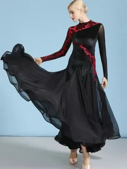 Costumes de danse de salon vert foncé pour femmes robe Sexy transparente en velours à col montant robe de danse à plusieurs niveaux