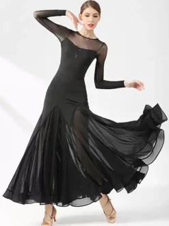 Costumes de danse de salon robe transparente élégante à col en bijoux pour femmes noires robe de danse superposée vêtements de danse de valse salsa vêtements de danse de tango flamenco