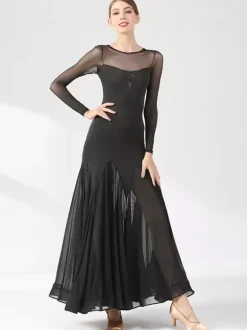 Costumes de danse de salon robe transparente élégante à col en bijoux pour femmes noires robe de danse superposée vêtements de danse de valse salsa vêtements de danse de tango flamenco