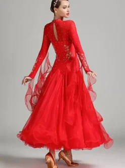 Costumes de danse de salon rose femmes Sexy col montant robe en Polyester fleurs paillettes vêtements de danse extensibles