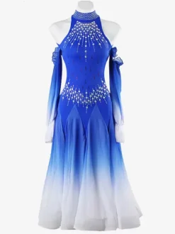 Costumes de danse de salon bleu Royal femmes Sexy Ombre Lycra Spandex robe strass robe de danse