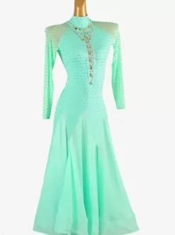 Costumes de danse de salon vert menthe femmes Lycra Spandex ensemble robe strass robe de danse