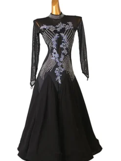 Costumes de danse de salon noir femmes Sexy Polyester imprimé fleuri strass robe danseuse robe de danse
