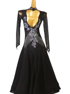 Costumes de danse de salon noir femmes Sexy Polyester imprimé fleuri strass robe danseuse robe de danse