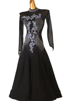 Costumes de danse de salon noir femmes Sexy Polyester imprimé fleuri strass robe danseuse robe de danse