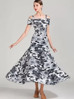Costumes de danse de salon Sarcelle femme Sexy Polyester imprimé fleuri bretelles cou robe robe de danse