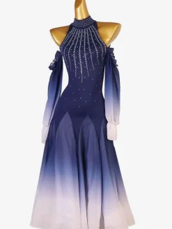 Costumes de danse de salon Deep Blue Women's Elegant Lycra Spandex Tunic Dress Backless Dancing Wear