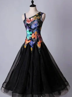 Costumes de danse de salon Robes Floral noir à manches longues Costume de danse de pratique en organza Déguisements Halloween