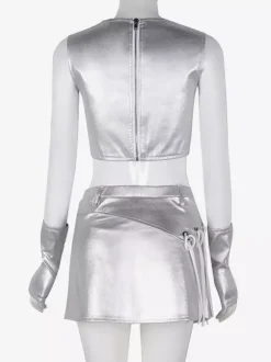 Costumes de danse jazz Ensemble haut et jupe en polyester argenté pour femmes