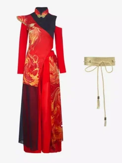 Costumes de danse rouge pour femmes ensemble de vêtements de danse de style chinois à col haut de jazz