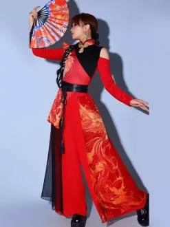 Costumes de danse rouge pour femmes ensemble de vêtements de danse de style chinois à col haut de jazz