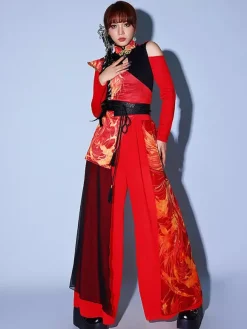 Costumes de danse rouge pour femmes ensemble de vêtements de danse de style chinois à col haut de jazz