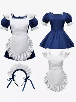 Costumes De Soubrette Déguisement Couvre-Chef Robe Tablier Ensemble De 3 Pièces