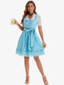 Costumes d'Halloween Bleu ciel clair Robe rétro à imprimé floral pour adultes Ceinture en polyester Costumes de vacances pour les fêtes