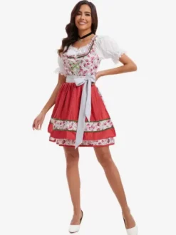 Costumes d'Halloween Bleu ciel clair Robe rétro à imprimé floral pour adultes Ceinture en polyester Costumes de vacances pour les fêtes