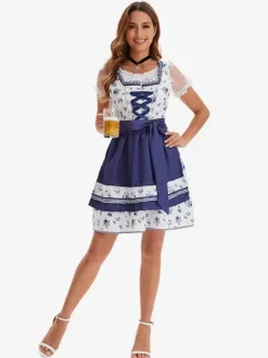 Costumes d'Halloween Bleu ciel clair Robe rétro à imprimé floral pour adultes Ceinture en polyester Costumes de vacances pour les fêtes