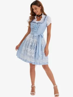 Costumes d'Halloween Bleu ciel clair Robe rétro à imprimé floral pour adultes Ceinture en polyester Costumes de vacances pour les fêtes