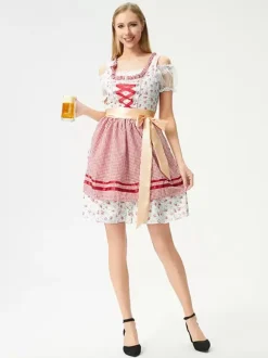 Costumes d'Halloween Bleu ciel clair Robe rétro à imprimé floral pour adultes Ceinture en polyester Costumes de vacances pour les fêtes