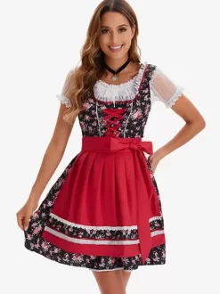 Costumes d'Halloween Bleu ciel clair Robe rétro à imprimé floral pour adultes Ceinture en polyester Costumes de vacances pour les fêtes