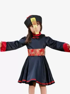 Costumes d'Halloween pour enfants Ensemble de polyester noir Halloween pour enfants Robe et chapeau