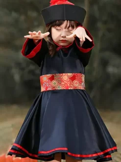 Costumes d'Halloween pour enfants Ensemble de polyester noir Halloween pour enfants Robe et chapeau