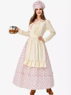 Costumes d'Halloween pour femmes tablier rose élégant chapeau ensemble en polyester à imprimé floral costumes de vacances