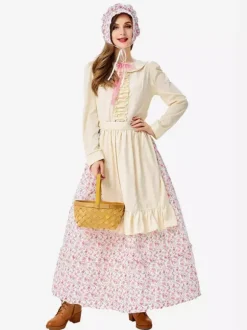 Costumes d'Halloween pour femmes tablier rose élégant chapeau ensemble en polyester à imprimé floral costumes de vacances