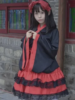 Costumes Lolita de Style Japonais Robes Lolita Polyester Volants Kimono Manches Longues Noir
