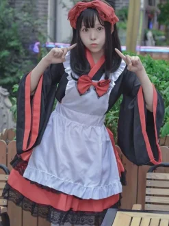 Costumes Lolita de Style Japonais Robes Lolita Polyester Volants Kimono Manches Longues Noir