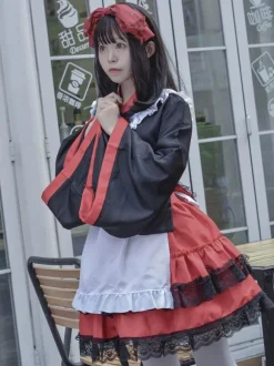 Costumes Lolita de Style Japonais Robes Lolita Polyester Volants Kimono Manches Longues Noir