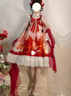 Costumes Lolita de style japonais Robes Lolita Volants en polyester Imprimé rouge Kimono JSK