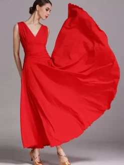 Costumes Robe de danse de salon noir femmes élégantes col en v robe en Polyester plissé sans manches