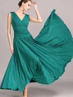 Costumes Robe de danse de salon noir femmes élégantes col en v robe en Polyester plissé sans manches