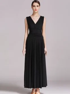 Costumes Robe de danse de salon noir femmes élégantes col en v robe en Polyester plissé sans manches