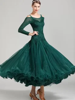 Costumes robe de danse de salon vert foncé femmes élégant Polyester dentelle col bateau dentelle volants soirée