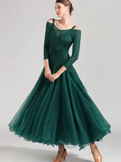 Costumes robe de danse de salon vert foncé femmes élégant Polyester dentelle col bateau dentelle volants soirée
