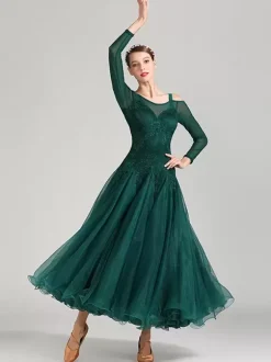 Costumes robe de danse de salon vert foncé femmes élégant Polyester dentelle col bateau dentelle volants soirée