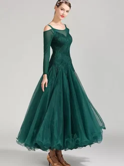 Costumes robe de danse de salon vert foncé femmes élégant Polyester dentelle col bateau dentelle volants soirée