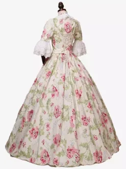 Costumes rétro abricot clair femmes imprimé floral n艙uds volants Costume Marie Antoinette tunique en polyester robe ras du cou vêtements rétro Vintage