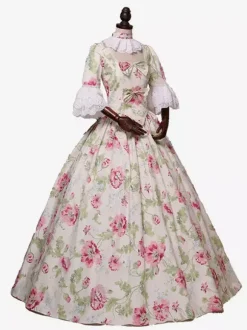 Costumes rétro abricot clair femmes imprimé floral n艙uds volants Costume Marie Antoinette tunique en polyester robe ras du cou vêtements rétro Vintage