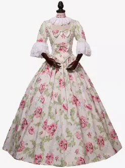 Costumes rétro abricot clair femmes imprimé floral n艙uds volants Costume Marie Antoinette tunique en polyester robe ras du cou vêtements rétro Vintage
