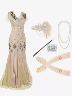 Costumes rétro abricot femmes franges paillettes Marie-Antoinette ensemble accessoires robe de bal de mascarade vintage