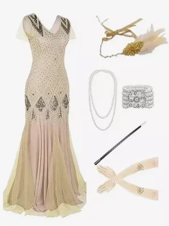 Costumes rétro abricot femmes franges paillettes Marie-Antoinette ensemble accessoires robe de bal de mascarade vintage