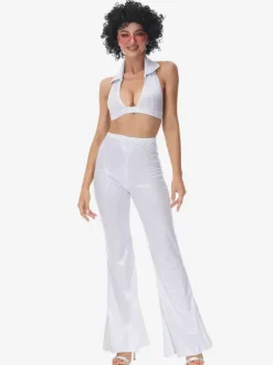 Costumes Rétro Blancs Pantalons En Polyester Ensemble Femme Costume Vintage 1970s Déguisement