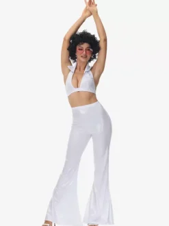 Costumes Rétro Blancs Pantalons En Polyester Ensemble Femme Costume Vintage 1970s Déguisement