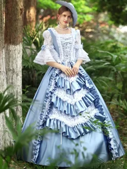 Costumes rétro bleu ciel clair femmes volants Polyester Marie Antoinette Costume robe Euro-Style Vintage vêtements