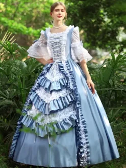 Costumes rétro bleu ciel clair femmes volants Polyester Marie Antoinette Costume robe Euro-Style Vintage vêtements