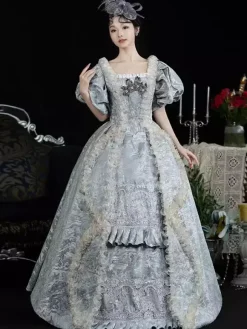 Costumes rétro bleu ciel clair pour femmes jacquard à volants dentelle polyester couvre-chef robe rétro costume Marie-Antoinette vêtements vintage