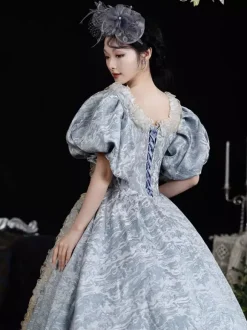 Costumes rétro bleu ciel clair pour femmes jacquard à volants dentelle polyester couvre-chef robe rétro costume Marie-Antoinette vêtements vintage